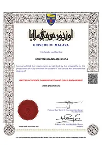 Master of Science Communication and Public Engagement (With Distinction) e-Scroll issued by Universiti Malaya to Nguyen Hoang Anh Khoa, approved by the Senate on 8 October 2025